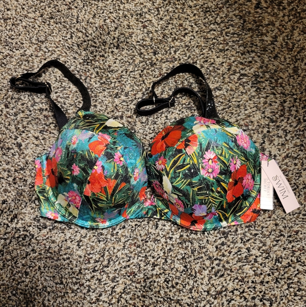Floral Bikini Top with Black Straps